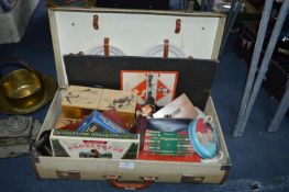 Picnic Hamper Case Containing Assorted Vintage Collectibles
