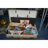 Picnic Hamper Case Containing Assorted Vintage Collectibles