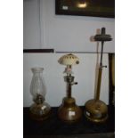 Two Brass Paraffin Lamps and a Glass Oil Lamp