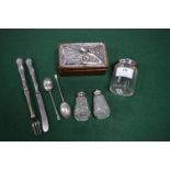 Silver Lidded Oak Box - Birmingham 1905 plus Cruets, Silver Spoons, Knives & Forks, etc.