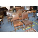 Six Carved Oak Dining Chairs with Leather Upholstery