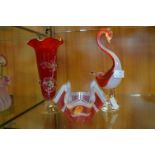 Murano Glass Vase, Swan, and a Handkerchief Dish