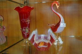 Murano Glass Vase, Swan, and a Handkerchief Dish