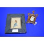 Miniature Carved Wooden Photo Frame plus a Watercolour Silhouette etc.