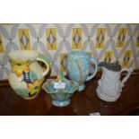 Four Vintage Pottery Items Including Crown Devon Jug, Wade, Beswick, etc.