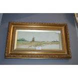 Victorian Gilt Frame Oil on Canvas of a Windmill Scene