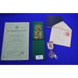 Masonic Items Including Hallmarked Silver Medal, Silk Band plus Ephemera