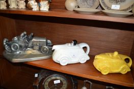 Saddler's Racing Car Teapot (AF) plus Reproduction Racing Car Figures, etc.