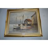 Gilt Framed Oil on Canvas by A. Daykin - Harbour Scene 1970's