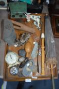 Tray Lot of Collectibles; Wooden Glove Stretcher, Recorder, Parasol, Tinplate Kitchen, etc.