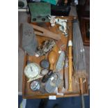 Tray Lot of Collectibles; Wooden Glove Stretcher, Recorder, Parasol, Tinplate Kitchen, etc.