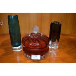 Two Small Glass Vases and a Cranberry Glass Covered Dish