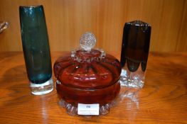 Two Small Glass Vases and a Cranberry Glass Covered Dish