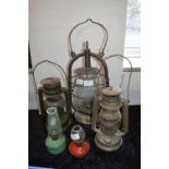 Three Hurricane lamps and Two Miniature Oil Lamps