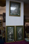 Three Edwardian Framed Prints in Gilt and Faux Malachite Frames