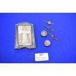 Small Hallmarked Silver Photo Frame (AF), Silver Cufflinks, and Three Pocket Watch Keys