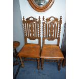 Pair of Victorian Carved Oak Barley Twist Hall Chairs