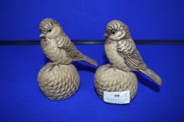 Two Poole Pottery Sparrows Perched on Fir Cones