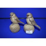 Two Poole Pottery Sparrows Perched on Fir Cones