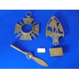 WWI Commemorative French Frame, Trench Art Paper Knife, Brass Trivet, 1914-18 Matchbox Holder