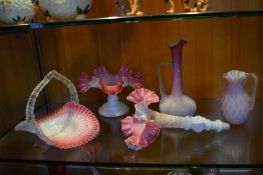 Five Victorian Pink & White Glass Items; Vase, Epergne, etc.