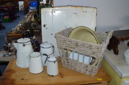 Vintage Enamel Kitchenware plus Basket, etc.