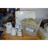 Vintage Enamel Kitchenware plus Basket, etc.