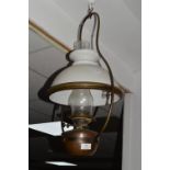 Victorian Copper & Brass Hanging Oil Lamp with White Glass Shade