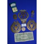 Horse Brasses, AA Badge, Silver Topped Scent Bottle, Coin, etc.