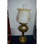 Brass Oil Lamp with White Floral Glass Shade