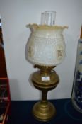 Brass Oil Lamp with White Floral Glass Shade