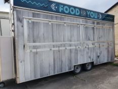 20ft Twin Axle Fish and chip trailer containing: 3 pan range, 4ft griddle, pop fridge, 2 x water boi