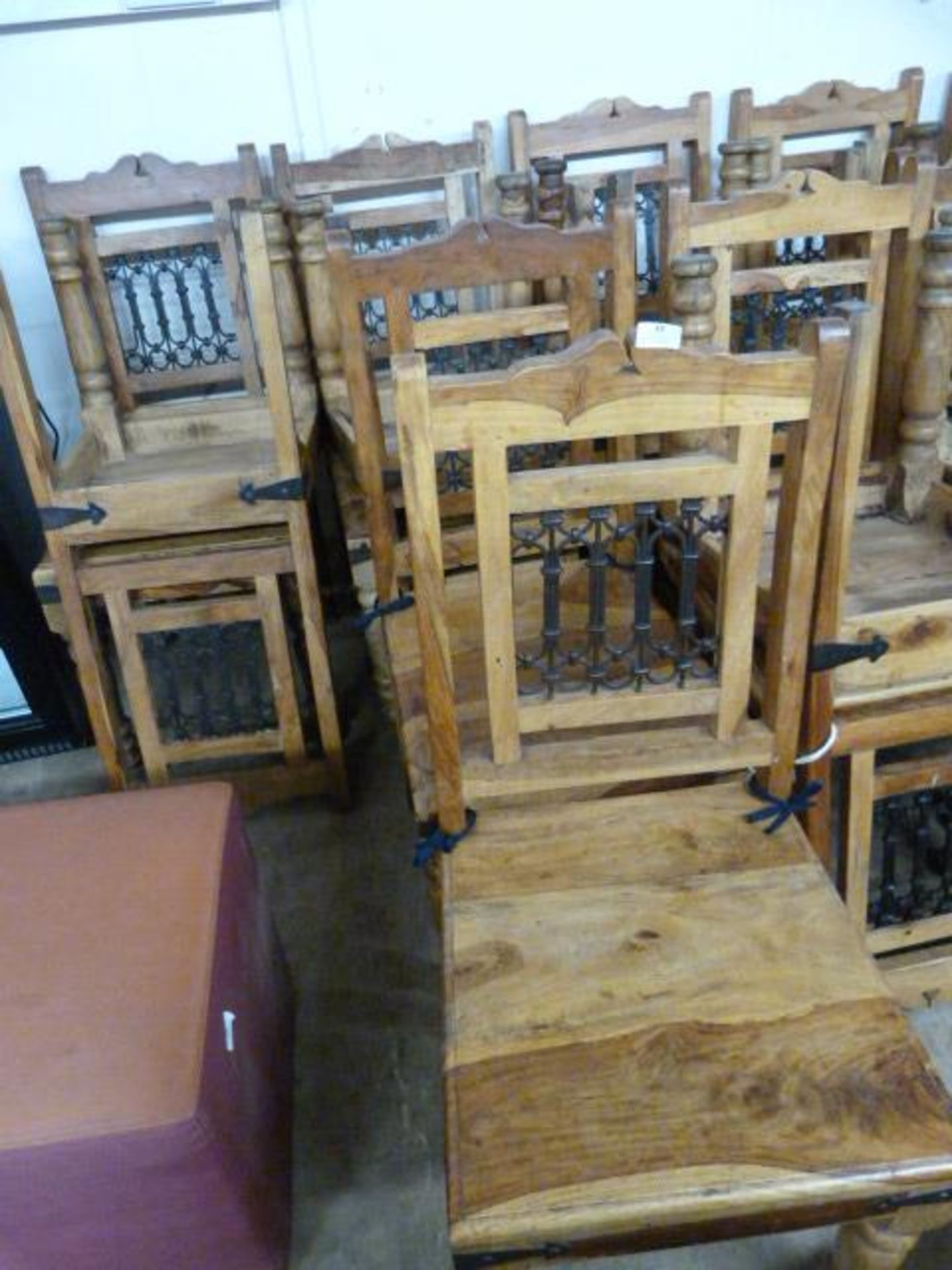 Six Wooden Dining Chairs with Decorative Iron Back and Fittings