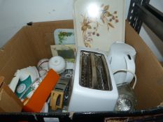 Box of Kitchenware and Electrical Including Iron,