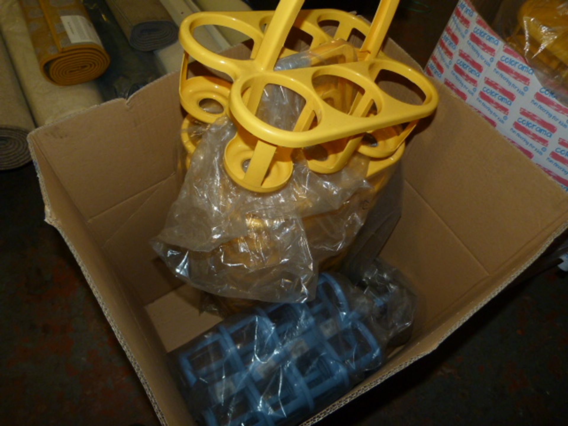 Box of ~15 Blue & Yellow Plastic Bottle Carriers