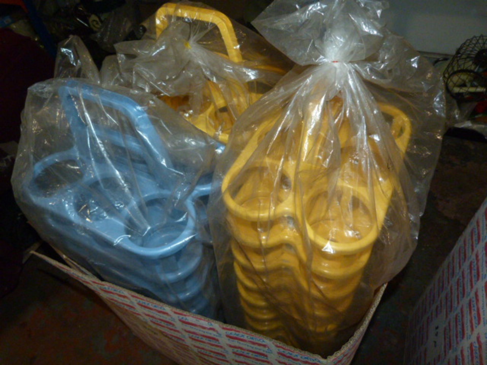 Box of ~30 Blue & Yellow Plastic Bottle Carriers