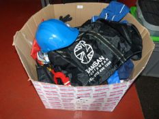 Box of Assorted Sportswear and Protective Gear