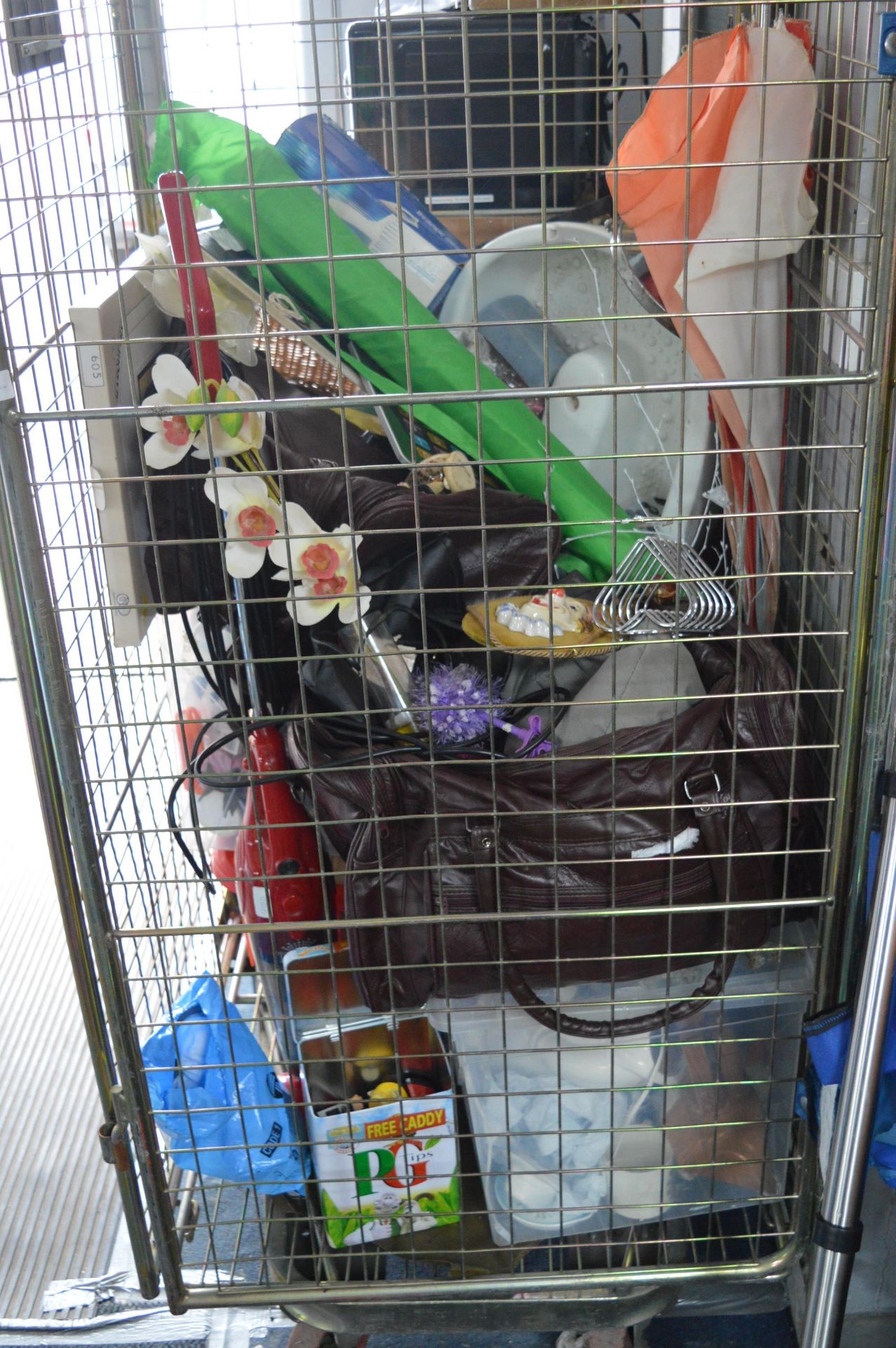 Cage Lot of Household Goods; Mini Vacuum, Parasol,