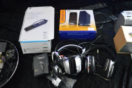 Assorted Headphones, Speakers, Panasonic Radio