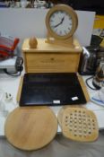 Wooden Kitchenware; Bread Bin, Clock, Chopping Boa