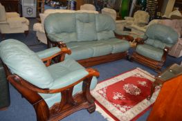 Pine Framed Green Leather Three Piece Suite Compri