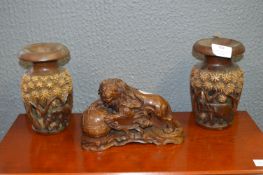 Two Chinese Carved Wood Pots and a Lion