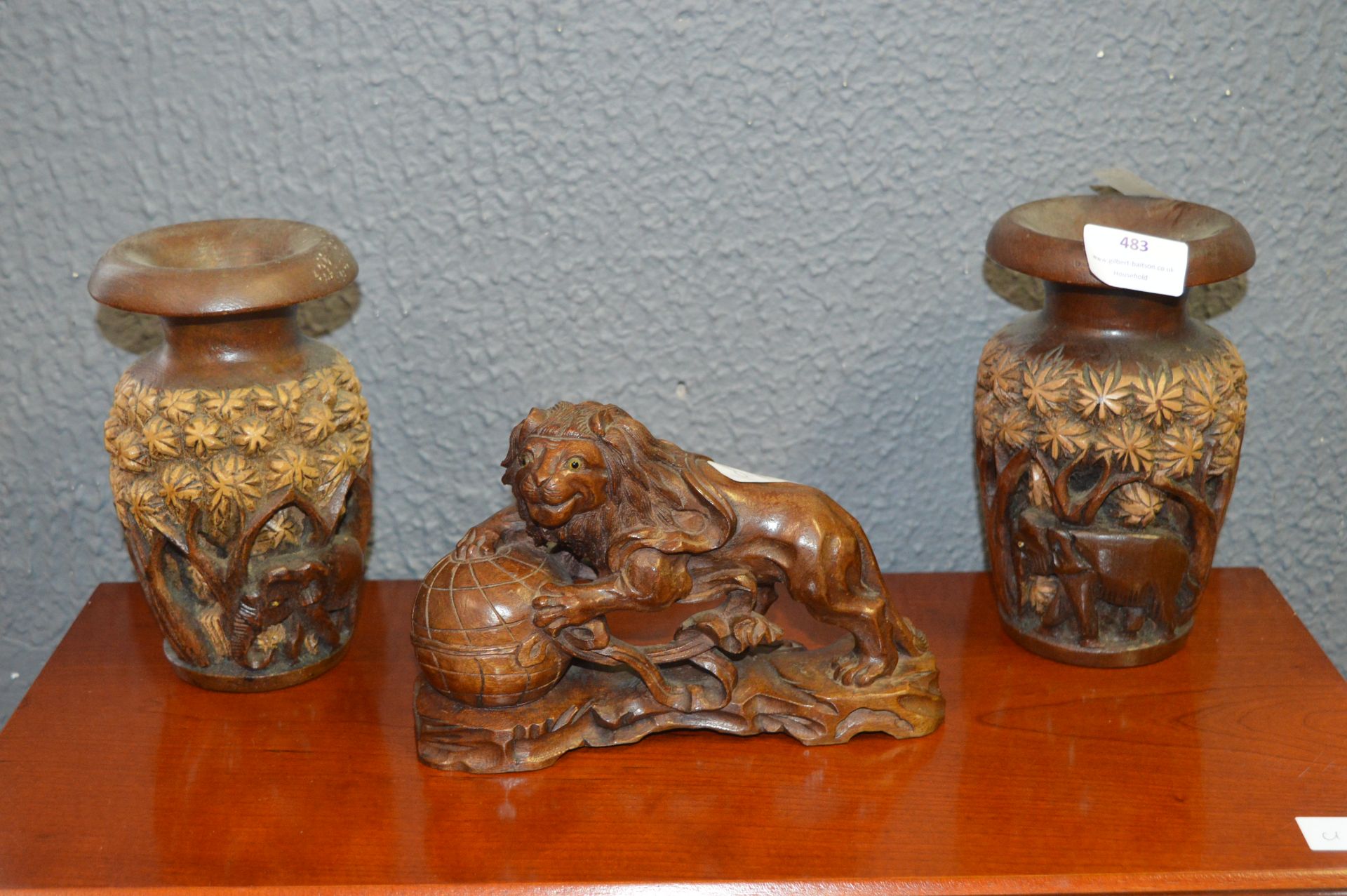 Two Chinese Carved Wood Pots and a Lion