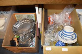 Two Boxes of Pottery, Glassware, Metal Serving Dis