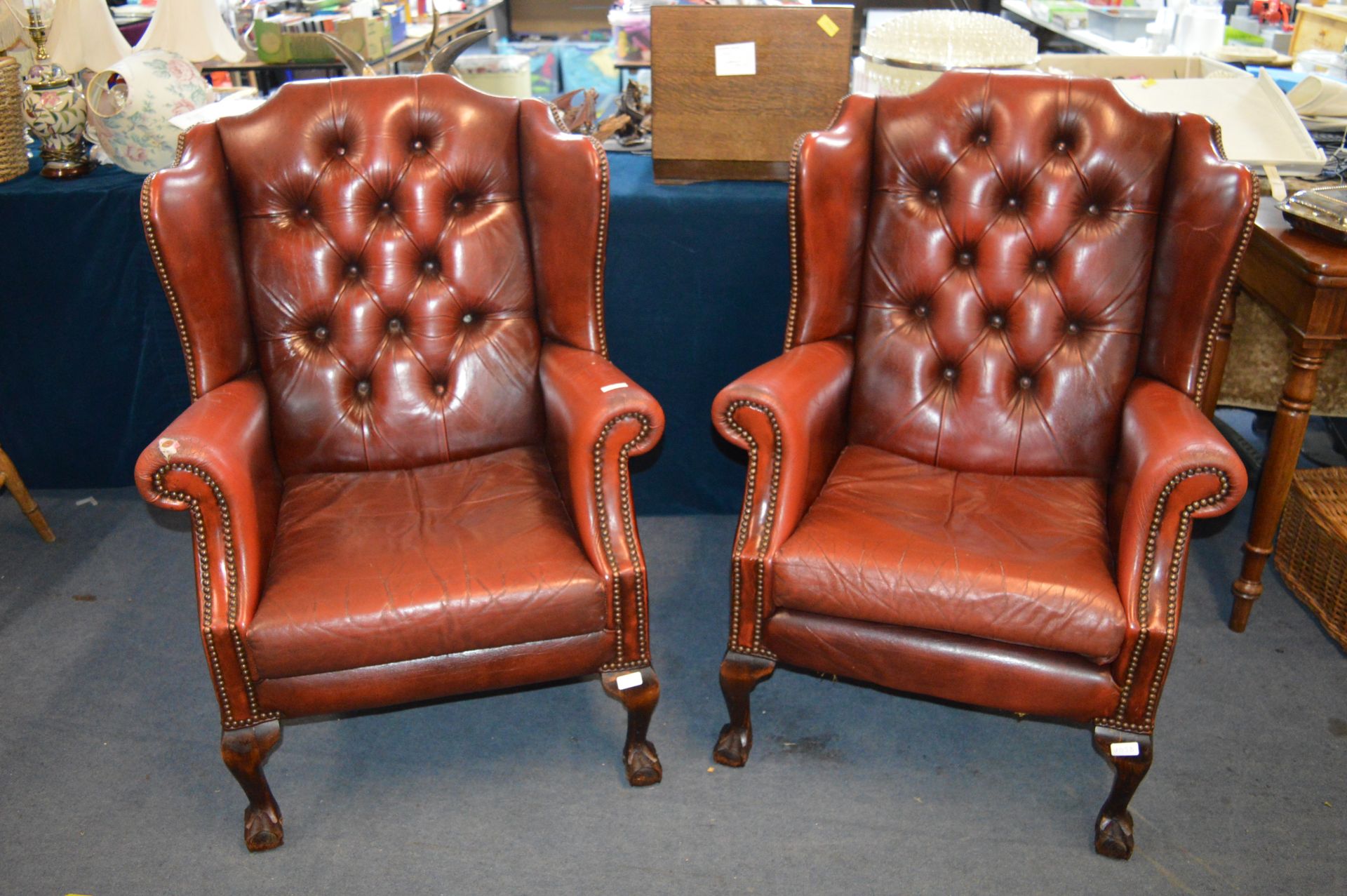 Pair of Red Leather Chesterfield Wingback Armchair