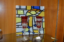 Two Cranberry Glass Wine Glasses and a Large Glass