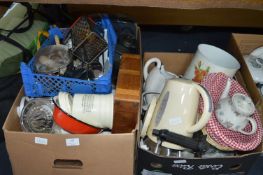 Two Boxes of Kitchenware; Kettles, Pottery Items,