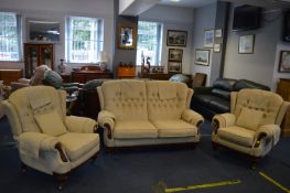 Wood Framed Three Piece Suite with Cream Upholster