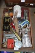 Wooden Tray of Collectibles; Corkscrews, Multitool