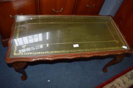 Glass Topped Coffee Table with Tooled Green Leathe